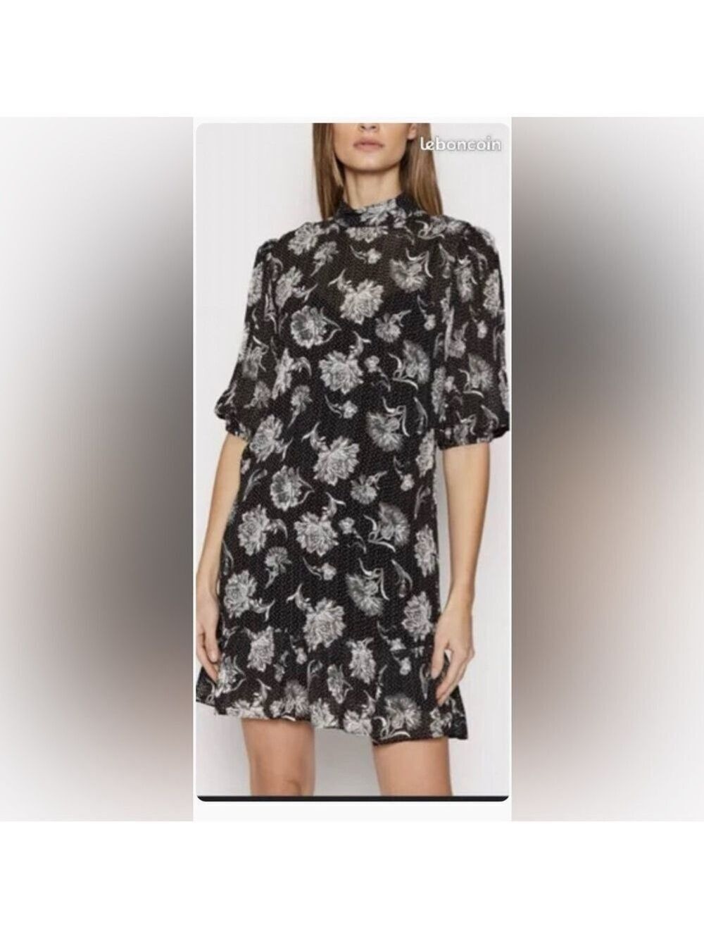 The Kooples Black White Floral Viscose Dress Size 1